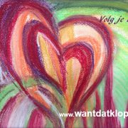 tekening van een hart met de tekst "Volg je hart, www.wantdatklopt.nl". Logo van wantdatklopt.nl, stress training