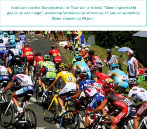 wielrenners in de Tour de France en vooraankondiging van de onderwerpen in de nieuwsbrief van wantdatklopt.nl